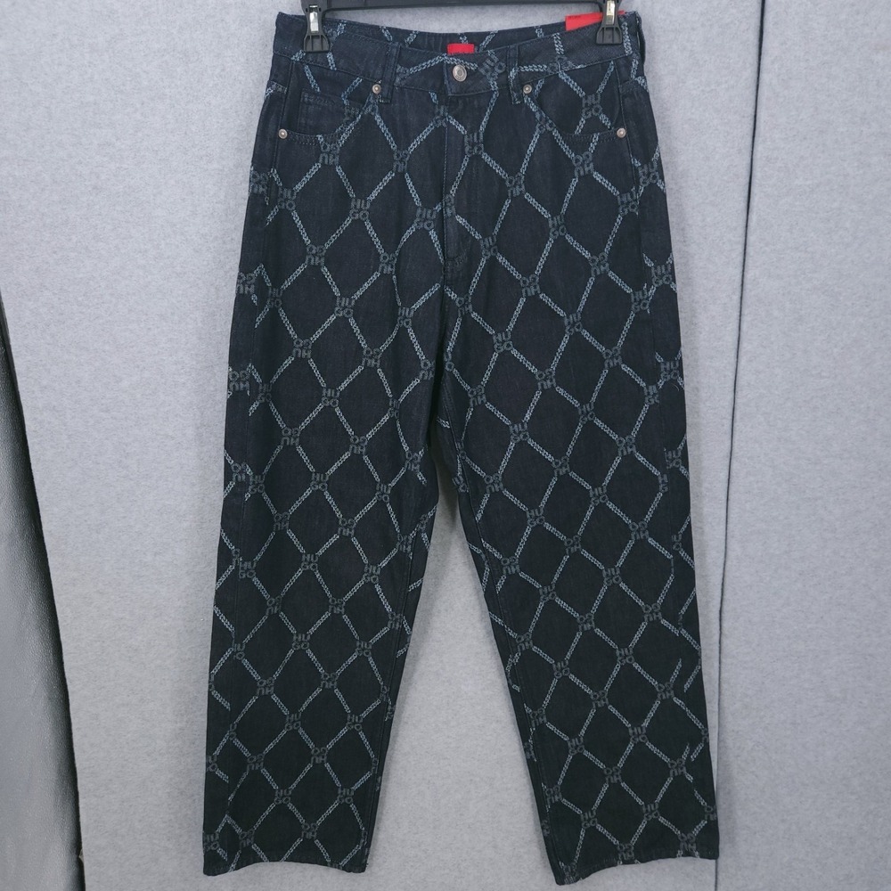 Hugo Boss Gisanna Wide Leg Stacked Logo Argyle Navy Jean Pants Womens Size 30/32